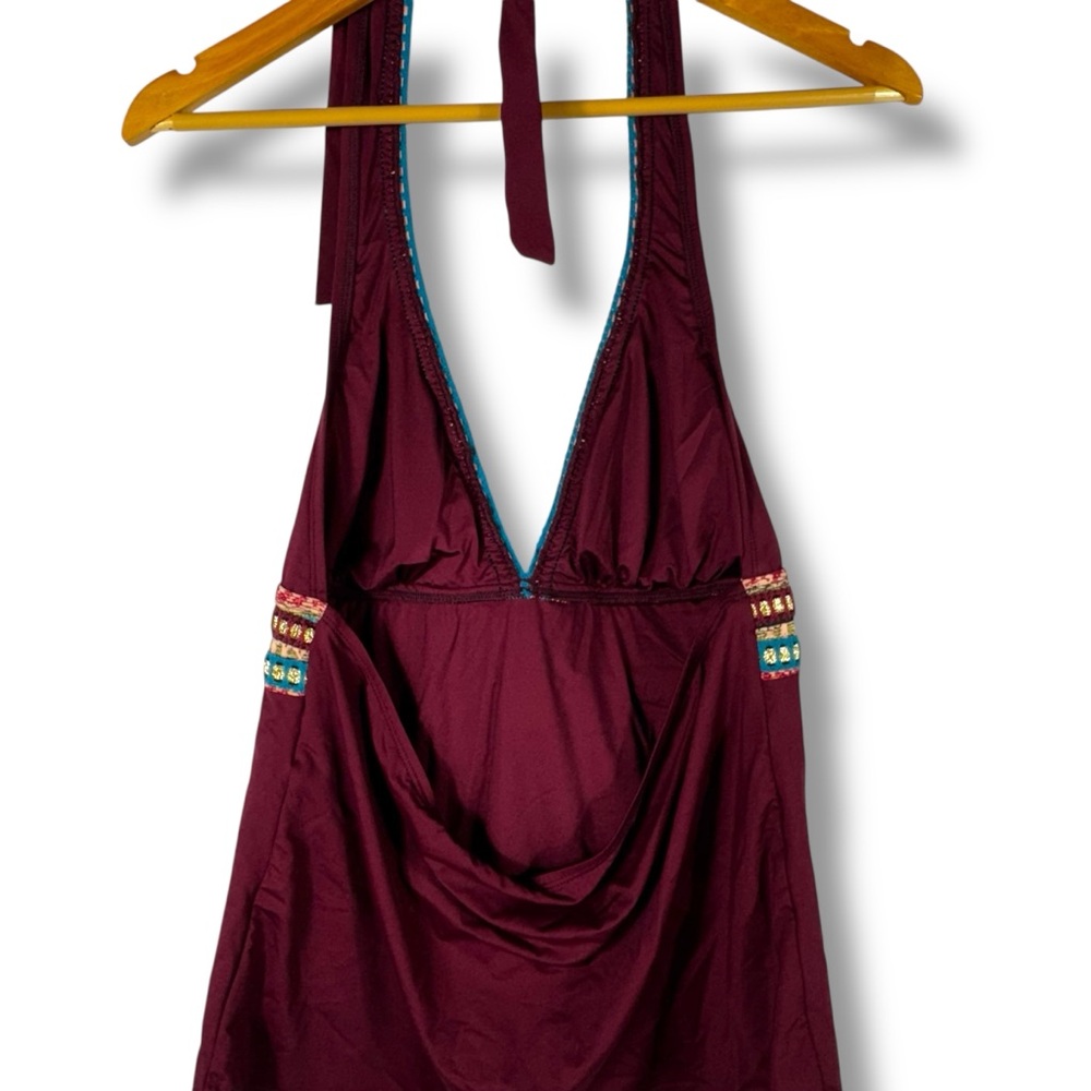 La Blanca Running Stitch Embellished Halter Tankini Top, Deep Maroon, Size 16 - Picture 13 of 14